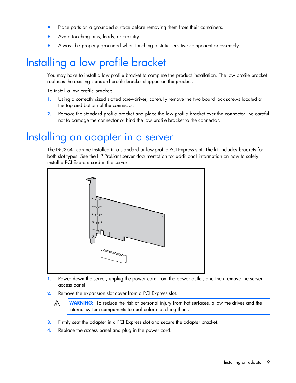 Installing a low profile bracket, Installing an adapter in a server | HP NC364T PCI Express Quad Port Gigabit Server Adapter User Manual | Page 9 / 20
