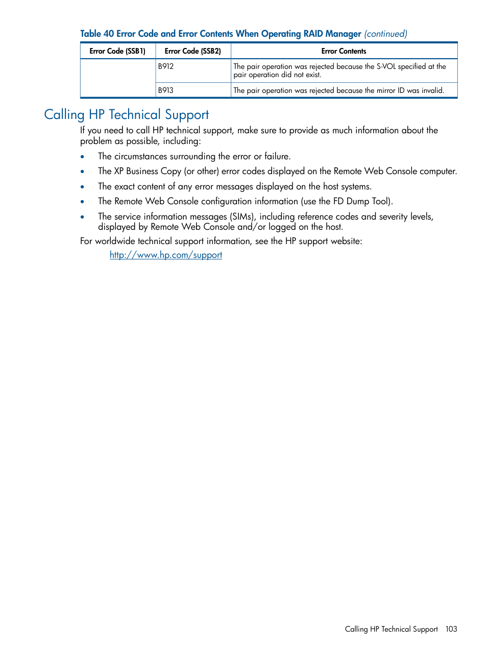 Calling hp technical support | HP StorageWorks XP Remote Web Console Software User Manual | Page 103 / 109