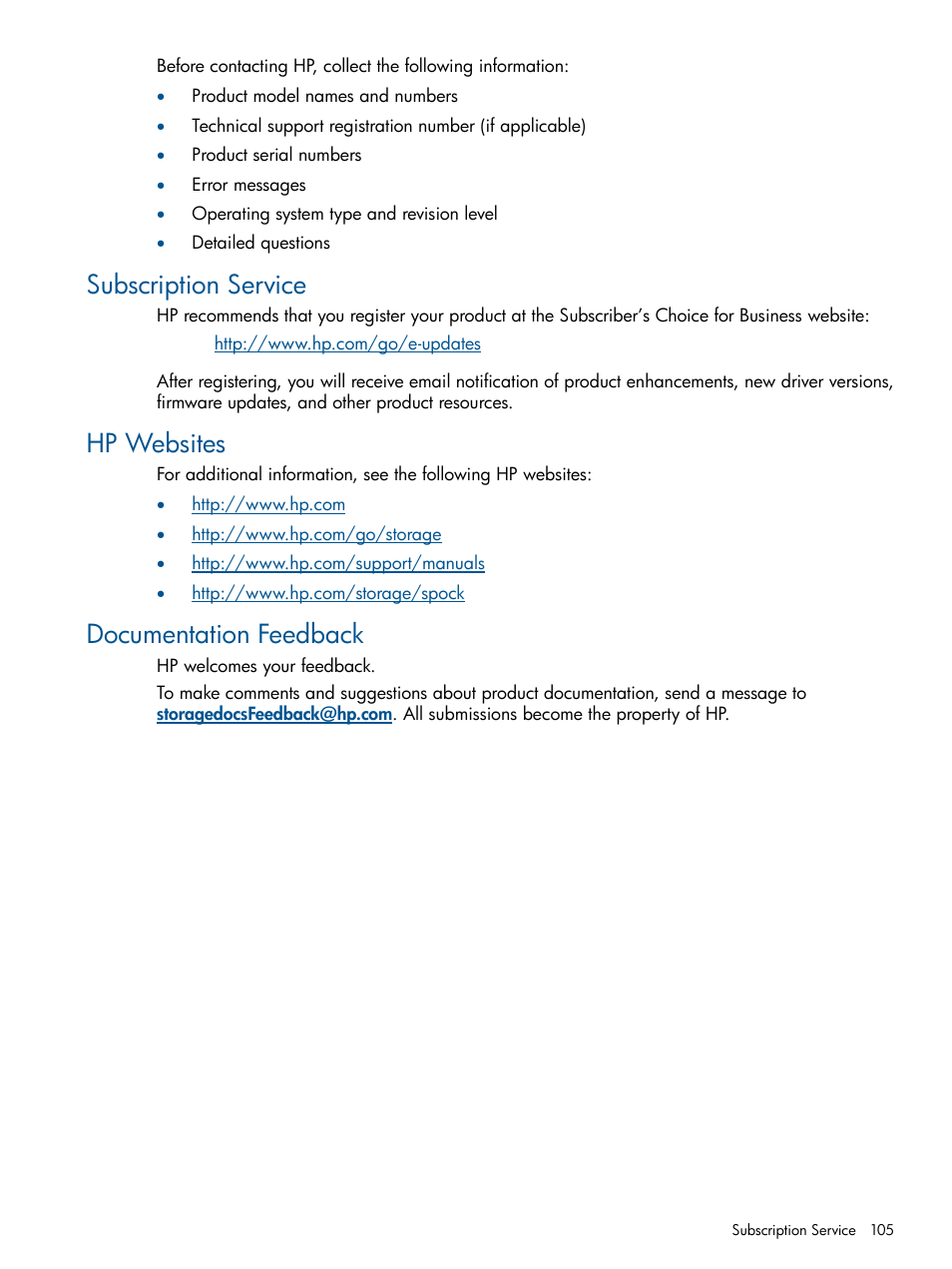 Subscription service, Hp websites, Documentation feedback | HP StorageWorks XP Remote Web Console Software User Manual | Page 105 / 109