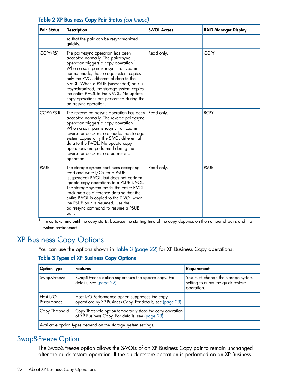 Xp business copy options, Swap&freeze option | HP StorageWorks XP Remote Web Console Software User Manual | Page 22 / 109