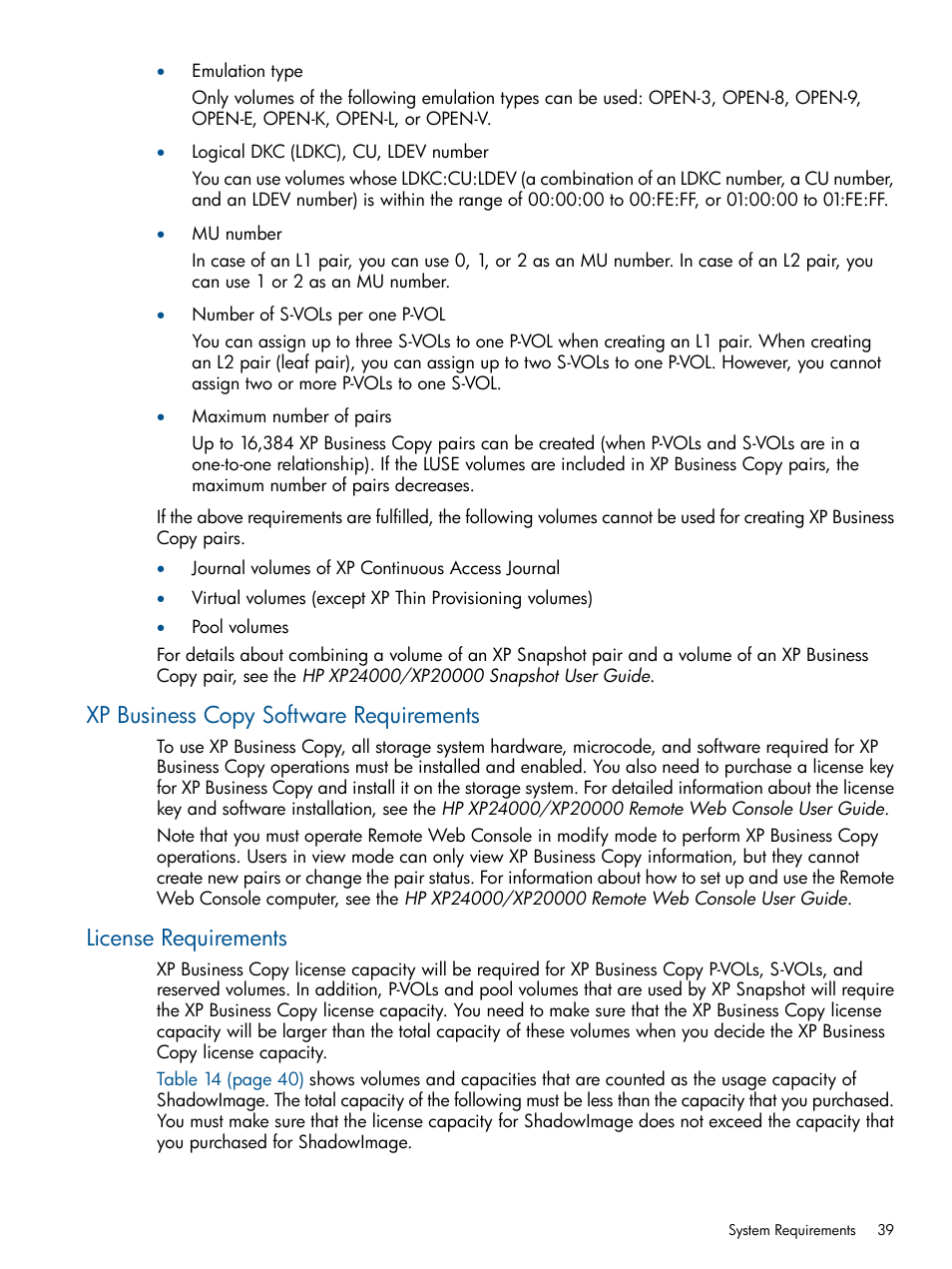 Xp business copy software requirements, License requirements | HP StorageWorks XP Remote Web Console Software User Manual | Page 39 / 109