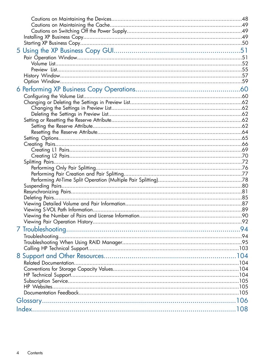 5 using the xp business copy gui, 6 performing xp business copy operations, 7 troubleshooting | 8 support and other resources, Glossary index | HP StorageWorks XP Remote Web Console Software User Manual | Page 4 / 109