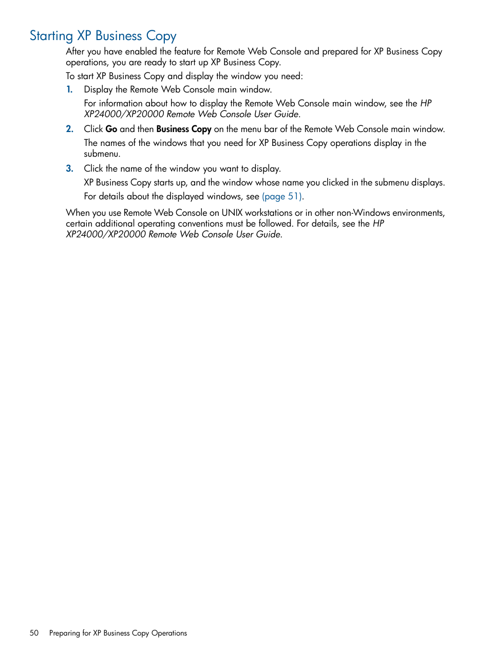 Starting xp business copy | HP StorageWorks XP Remote Web Console Software User Manual | Page 50 / 109