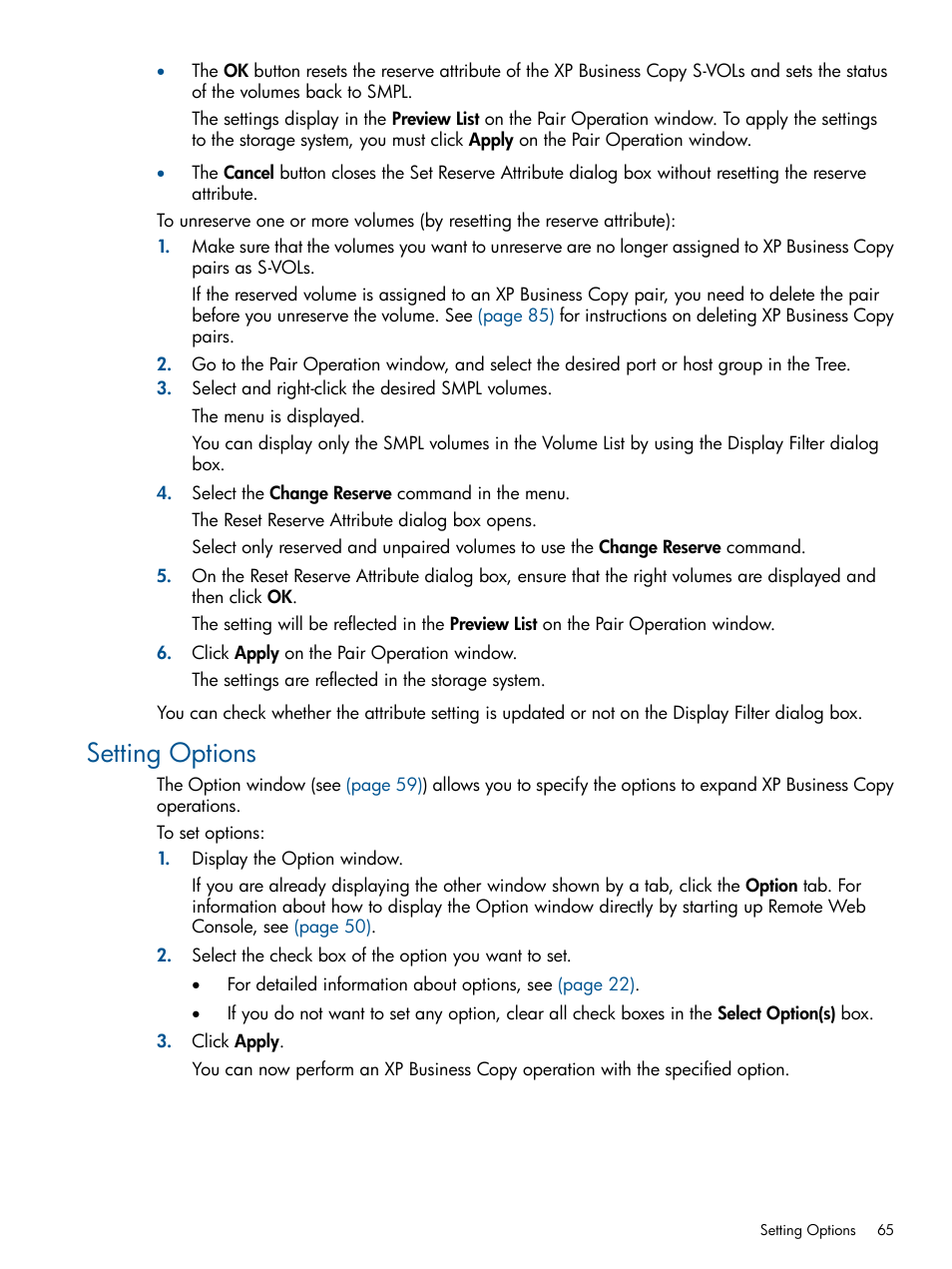 Setting options | HP StorageWorks XP Remote Web Console Software User Manual | Page 65 / 109