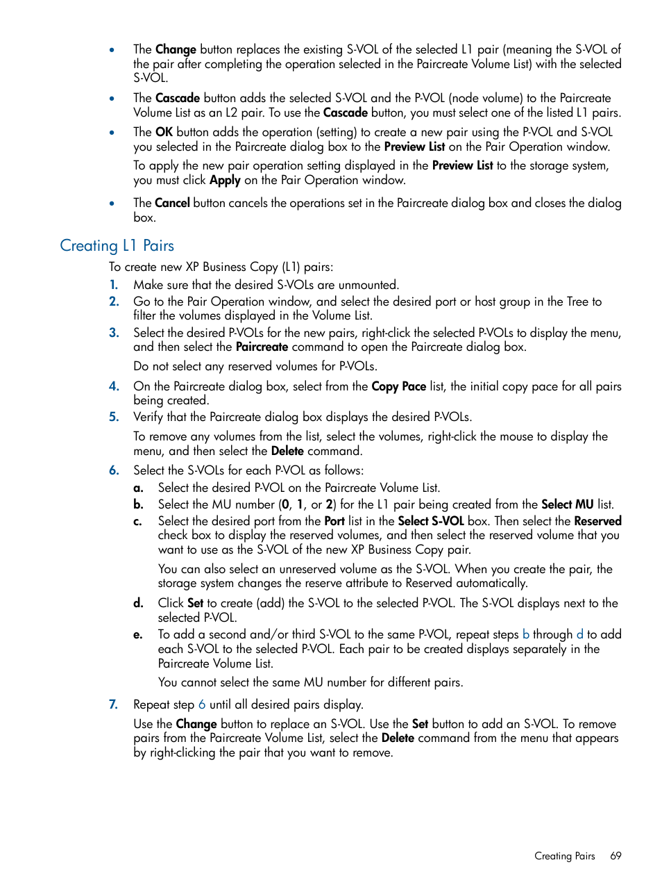 Creating l1 pairs | HP StorageWorks XP Remote Web Console Software User Manual | Page 69 / 109