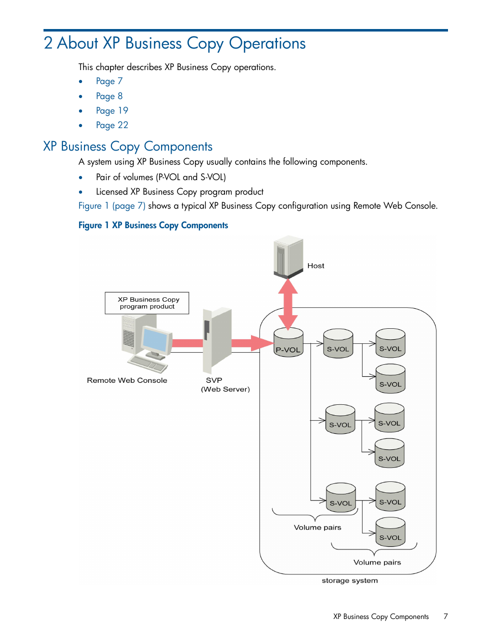 2 about xp business copy operations, Xp business copy components | HP StorageWorks XP Remote Web Console Software User Manual | Page 7 / 109