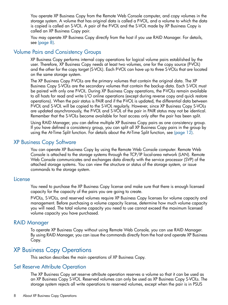 Volume pairs and consistency groups, Xp business copy software, License | Raid manager, Xp business copy operations, Set reserve attribute operation | HP StorageWorks XP Remote Web Console Software User Manual | Page 8 / 109