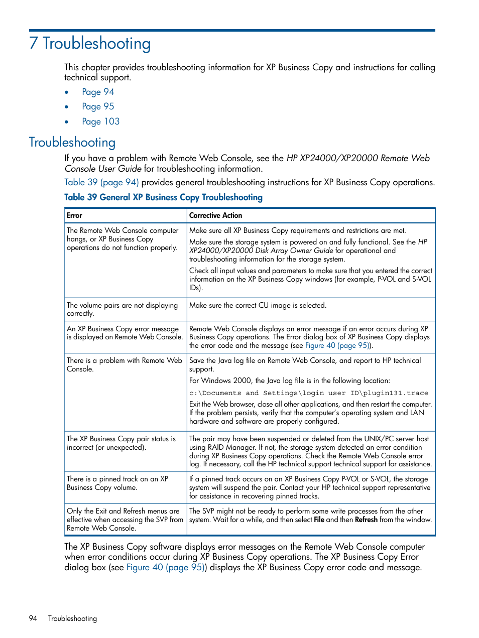 7 troubleshooting, Troubleshooting | HP StorageWorks XP Remote Web Console Software User Manual | Page 94 / 109