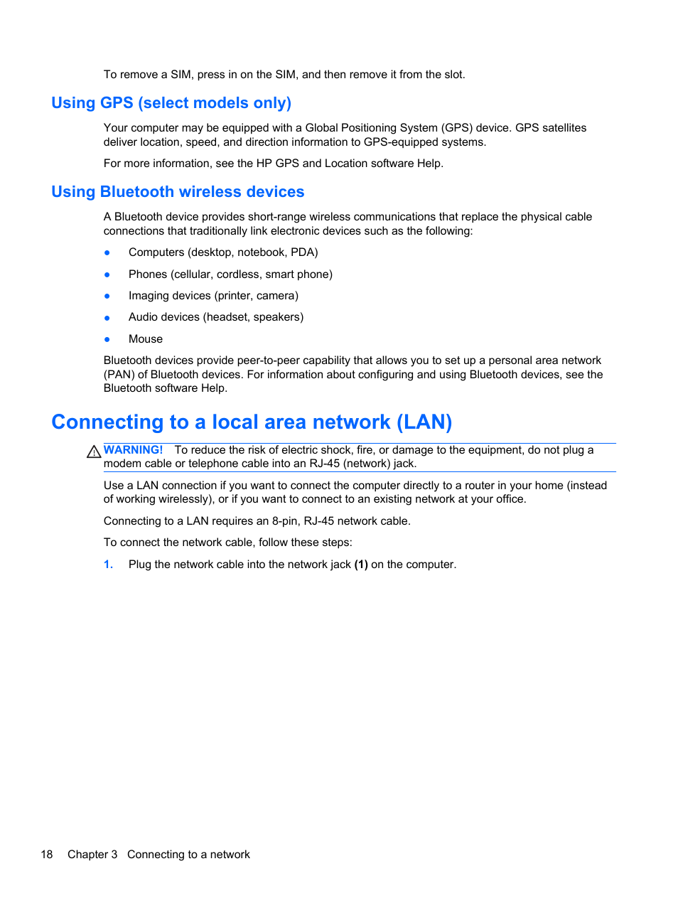 Using gps (select models only), Using bluetooth wireless devices, Connecting to a local area network (lan) | HP EliteBook 2170p Notebook PC User Manual | Page 28 / 102