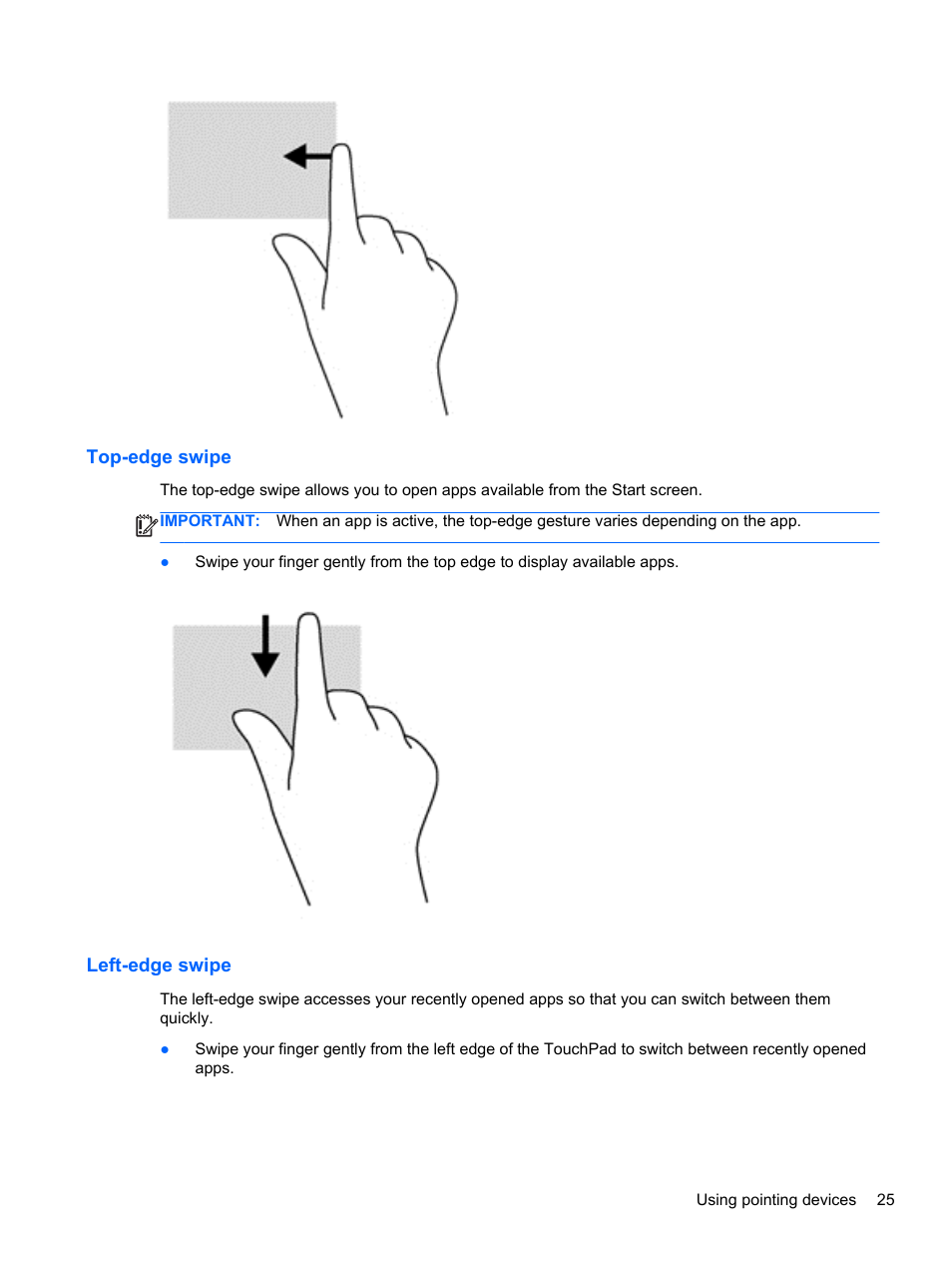 Top-edge swipe, Left-edge swipe, Top-edge swipe left-edge swipe | HP EliteBook 2170p Notebook PC User Manual | Page 35 / 102