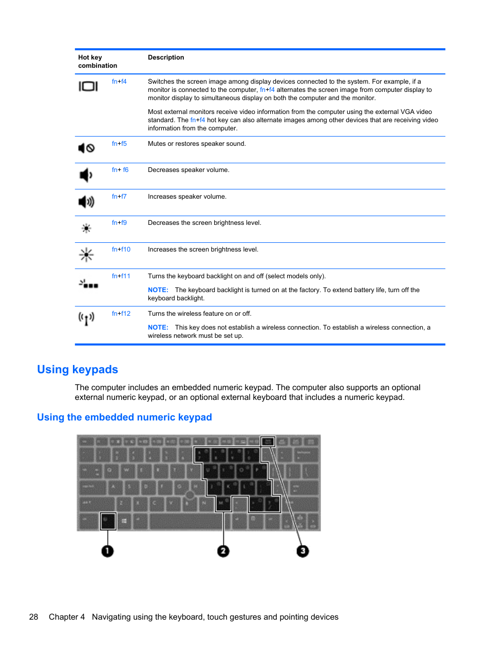Using keypads, Using the embedded numeric keypad | HP EliteBook 2170p Notebook PC User Manual | Page 38 / 102