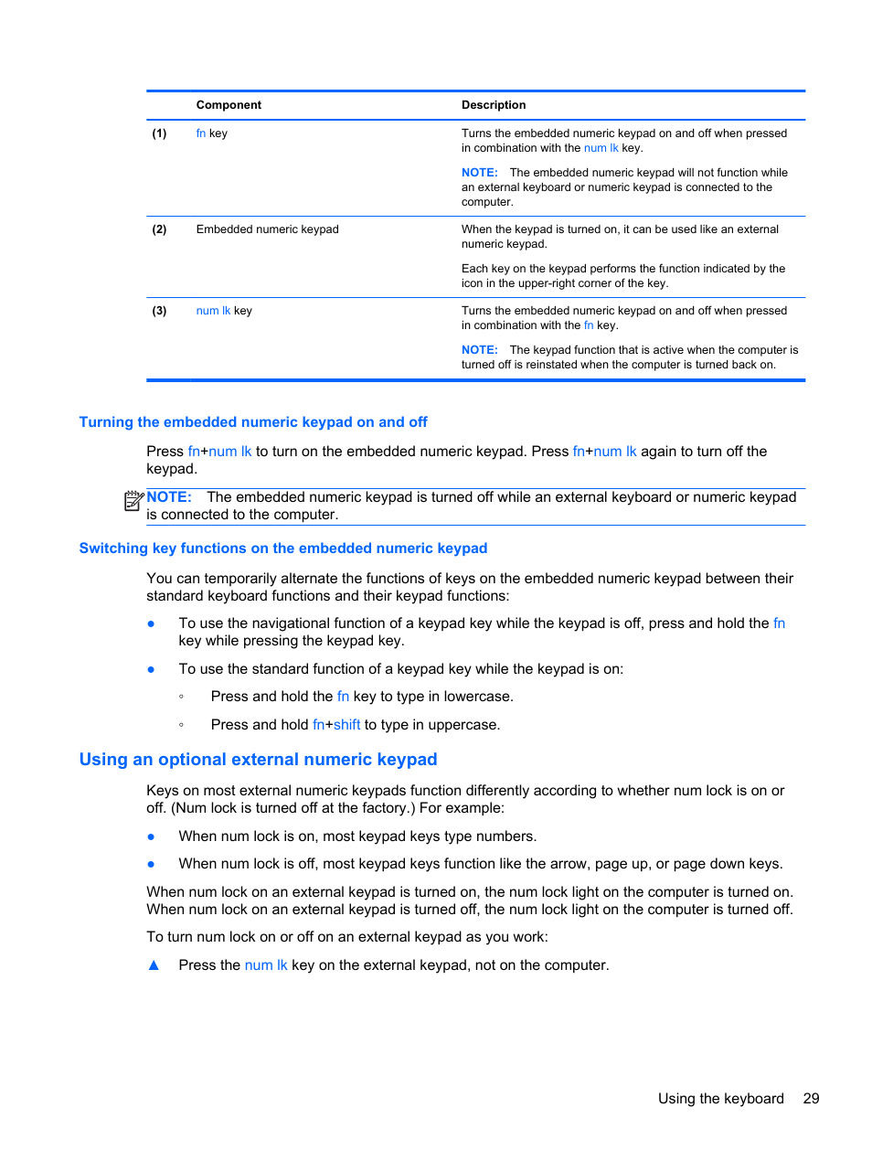 Turning the embedded numeric keypad on and off, Using an optional external numeric keypad | HP EliteBook 2170p Notebook PC User Manual | Page 39 / 102