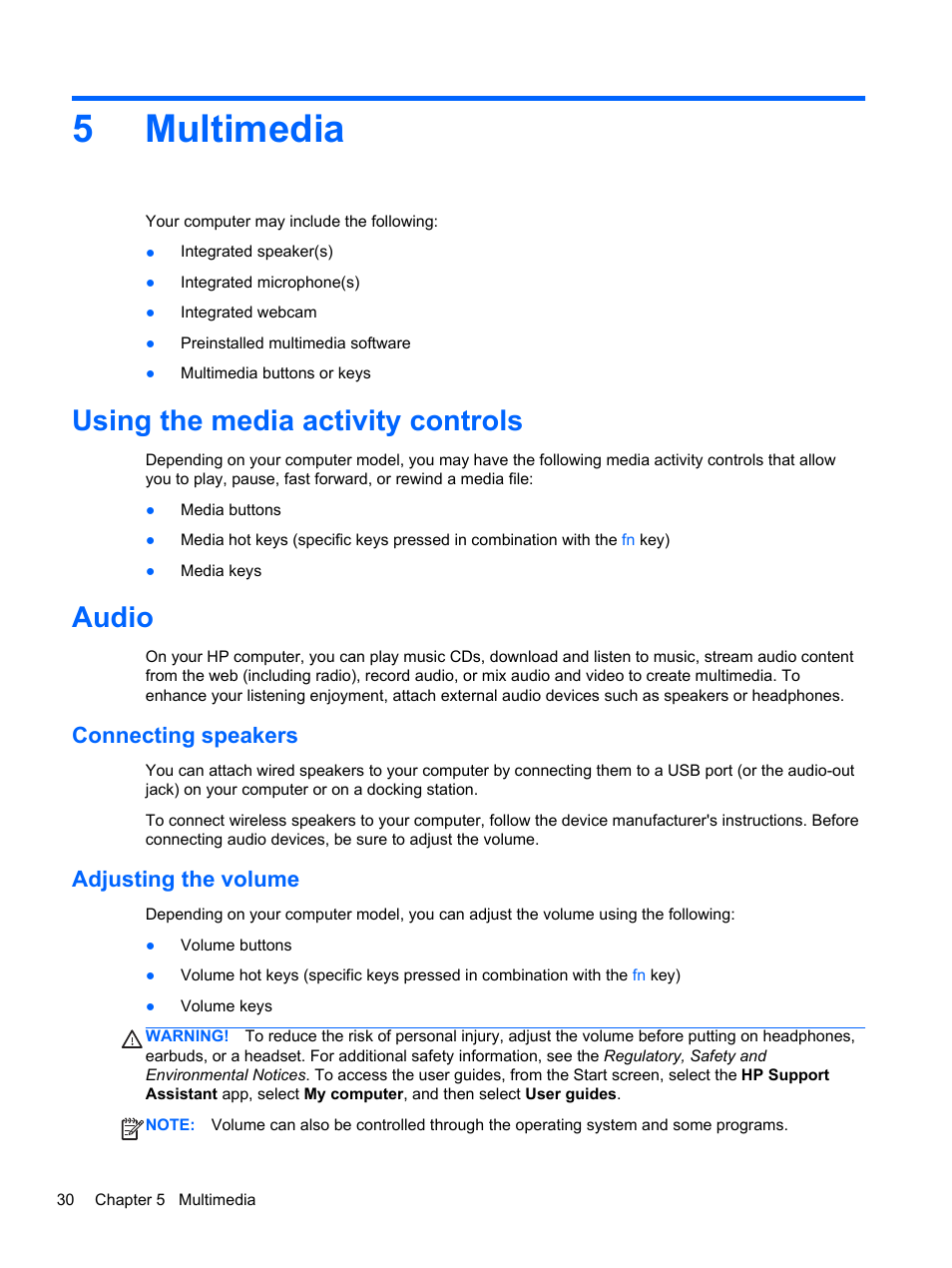 Multimedia, Using the media activity controls, Audio | Connecting speakers, Adjusting the volume, 5 multimedia, Using the media activity controls audio, Connecting speakers adjusting the volume, 5multimedia | HP EliteBook 2170p Notebook PC User Manual | Page 40 / 102