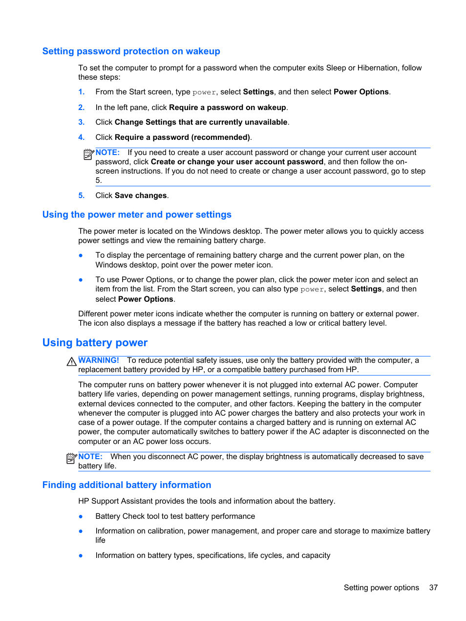 Setting password protection on wakeup, Using the power meter and power settings, Using battery power | Finding additional battery information | HP EliteBook 2170p Notebook PC User Manual | Page 47 / 102