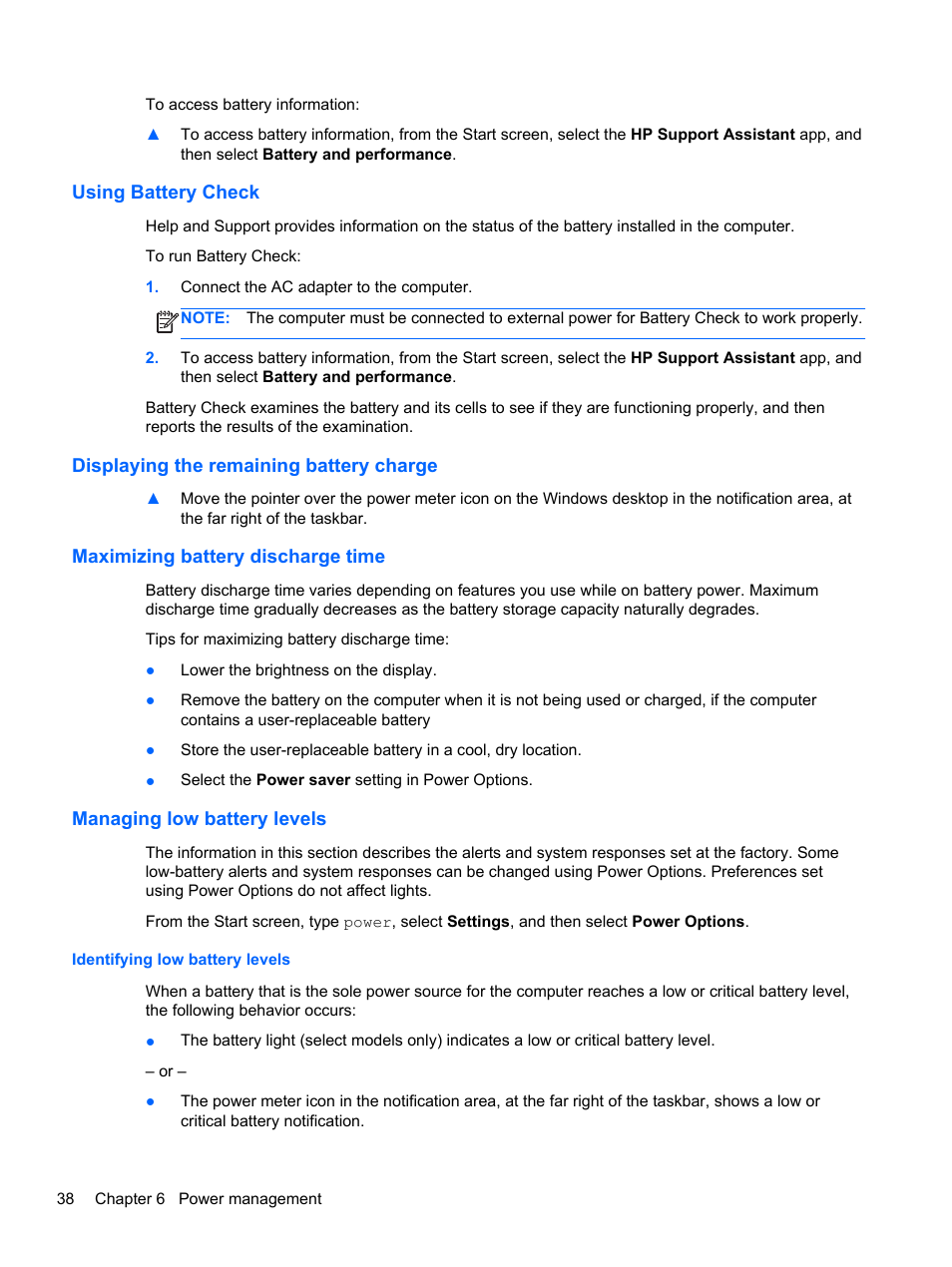 Using battery check, Displaying the remaining battery charge, Maximizing battery discharge time | Managing low battery levels, Identifying low battery levels | HP EliteBook 2170p Notebook PC User Manual | Page 48 / 102