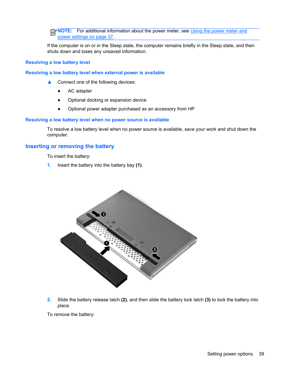 Resolving a low battery level, Inserting or removing the battery | HP EliteBook 2170p Notebook PC User Manual | Page 49 / 102