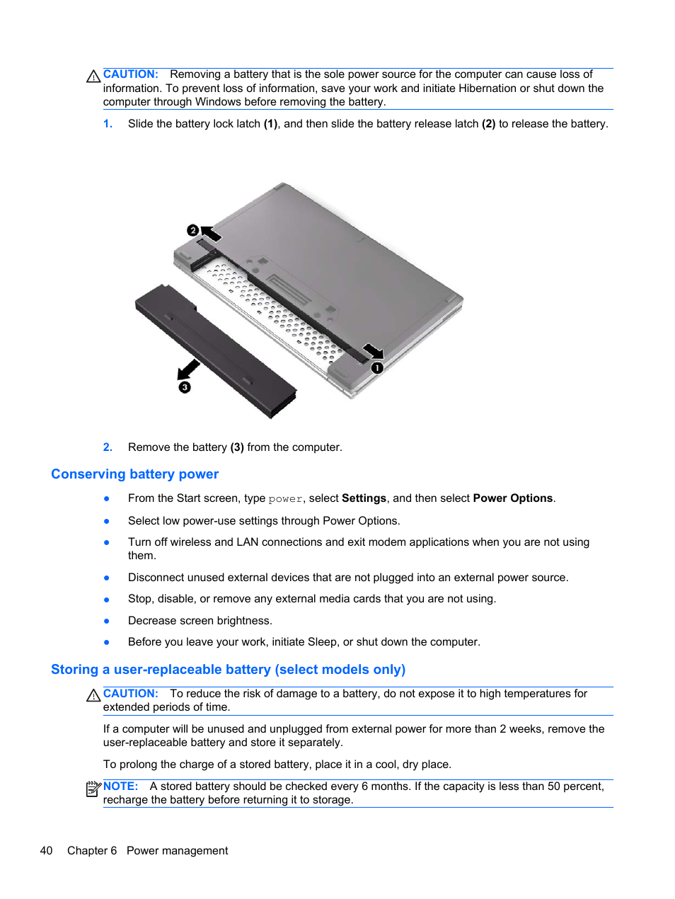 Conserving battery power | HP EliteBook 2170p Notebook PC User Manual | Page 50 / 102
