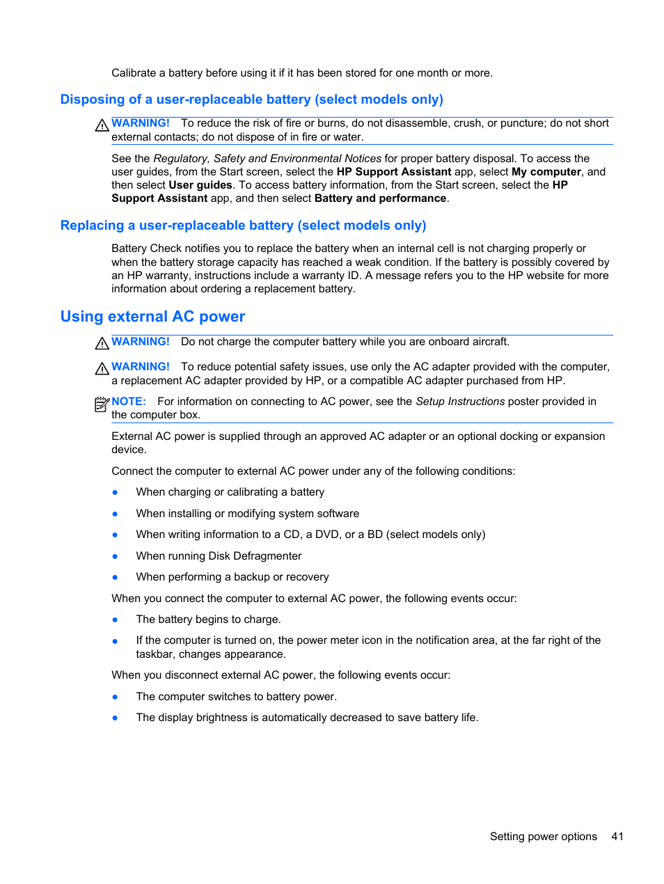 Using external ac power | HP EliteBook 2170p Notebook PC User Manual | Page 51 / 102