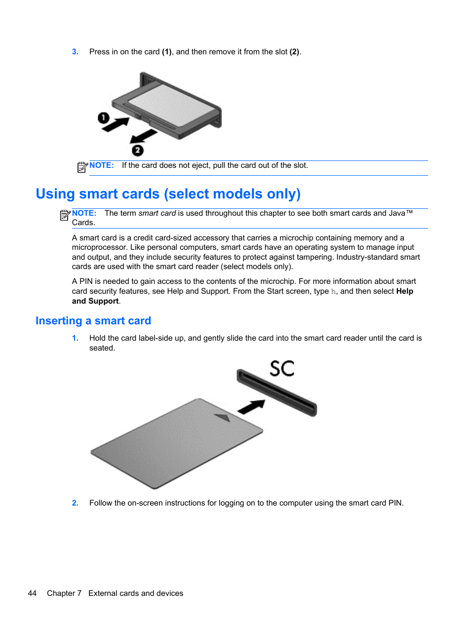 Using smart cards (select models only), Inserting a smart card | HP EliteBook 2170p Notebook PC User Manual | Page 54 / 102