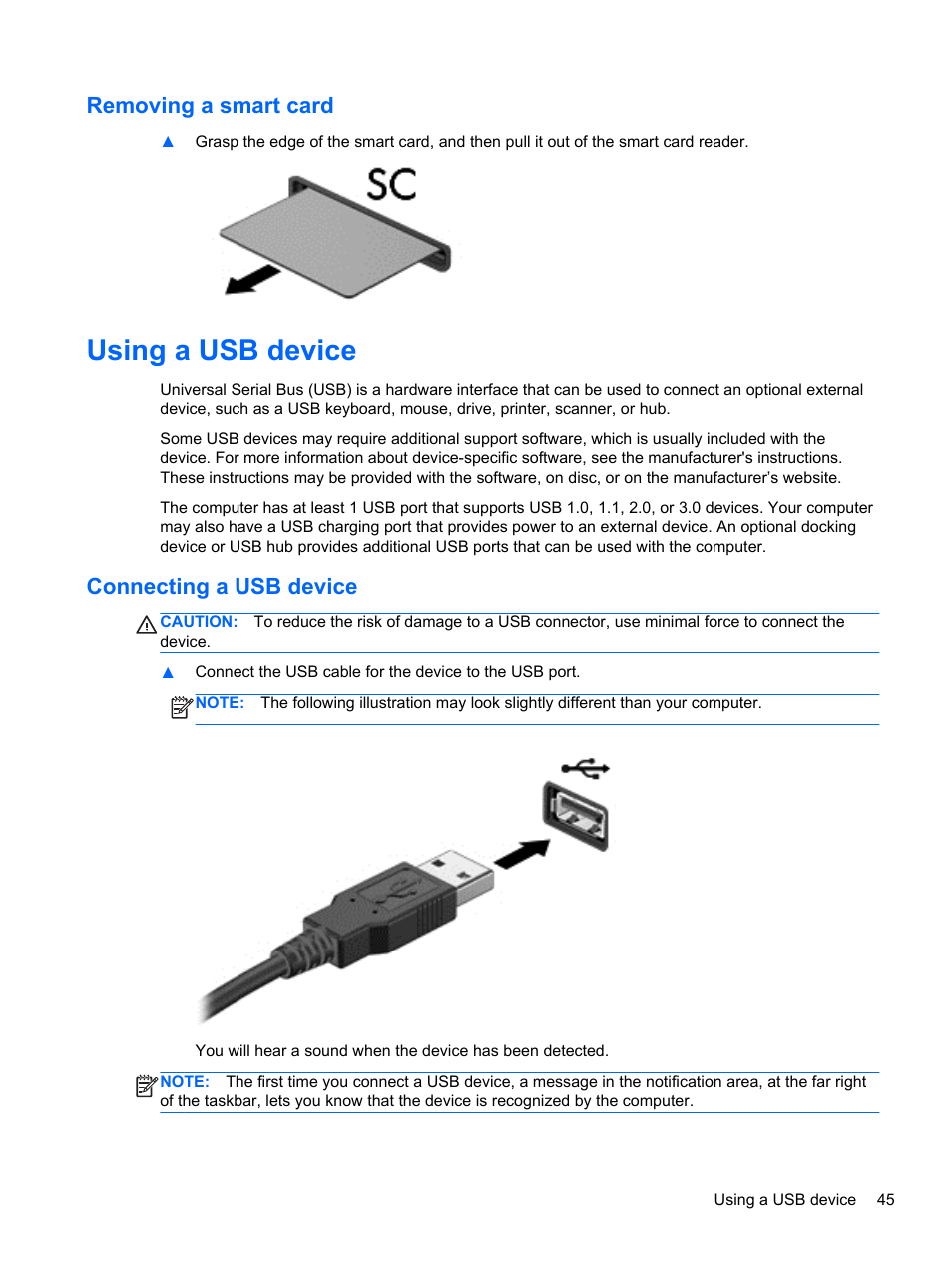 Removing a smart card, Using a usb device, Connecting a usb device | HP EliteBook 2170p Notebook PC User Manual | Page 55 / 102