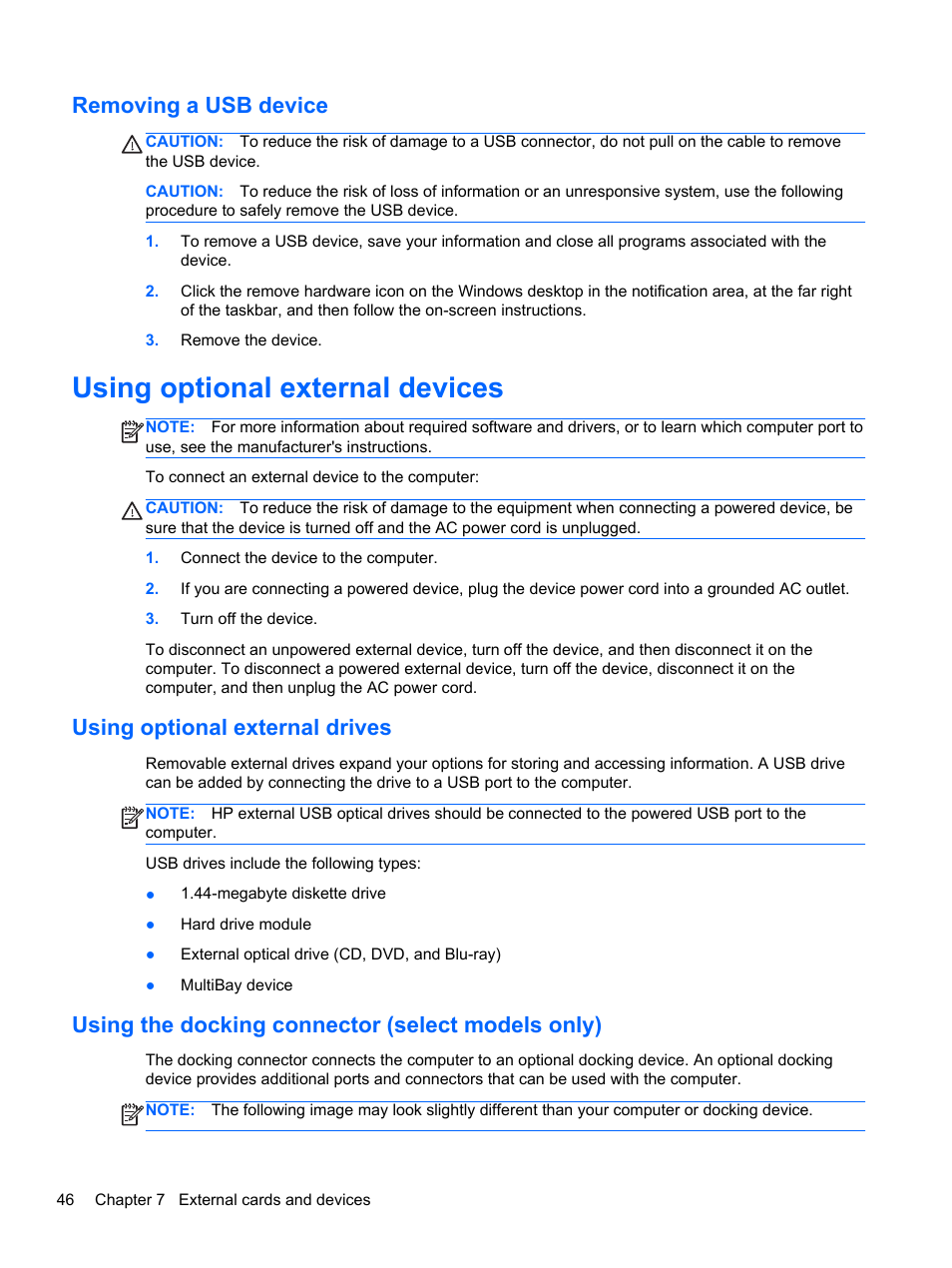 Removing a usb device, Using optional external devices, Using optional external drives | Using the docking connector (select models only) | HP EliteBook 2170p Notebook PC User Manual | Page 56 / 102