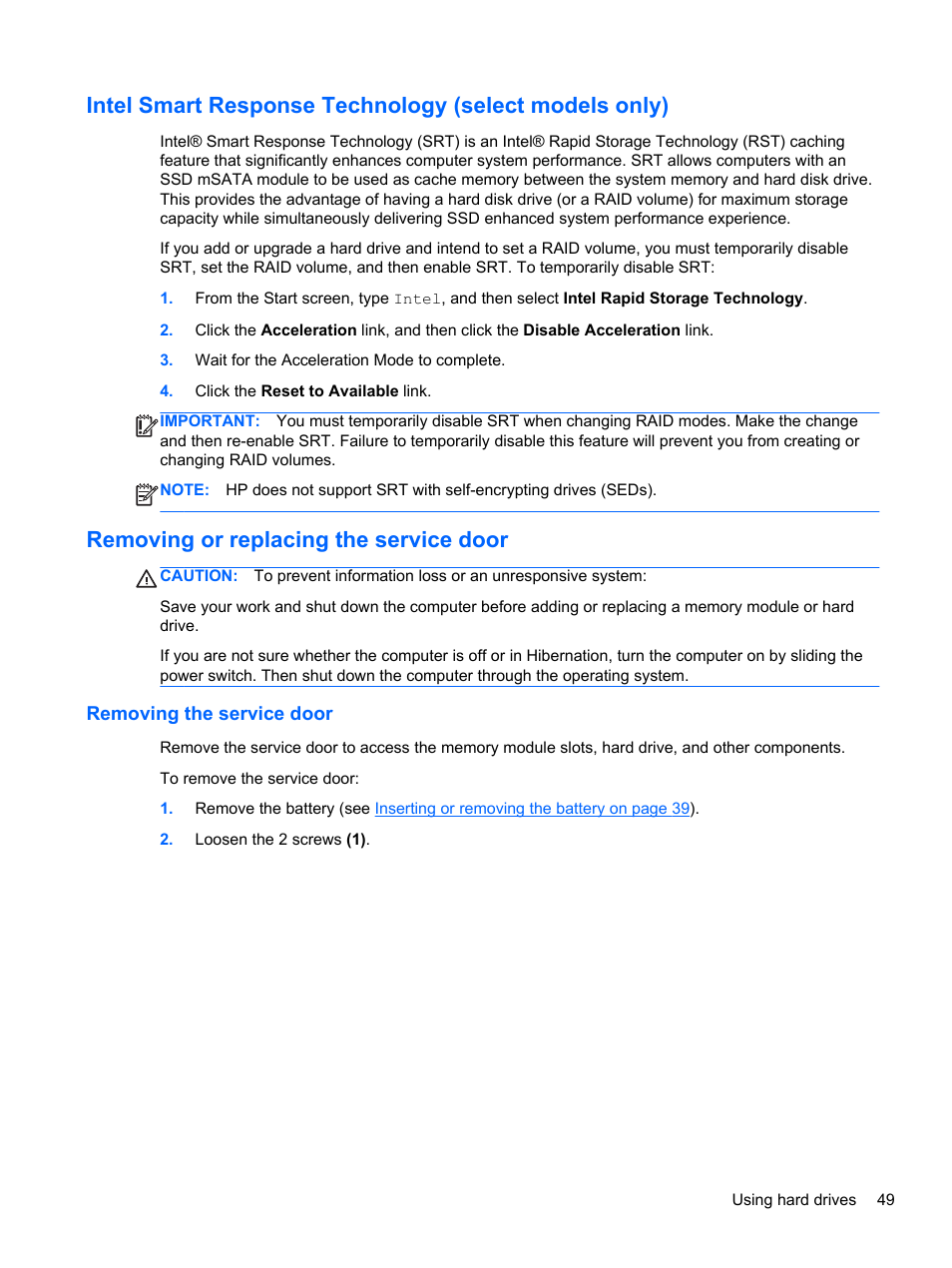 Removing or replacing the service door, Removing the service door | HP EliteBook 2170p Notebook PC User Manual | Page 59 / 102