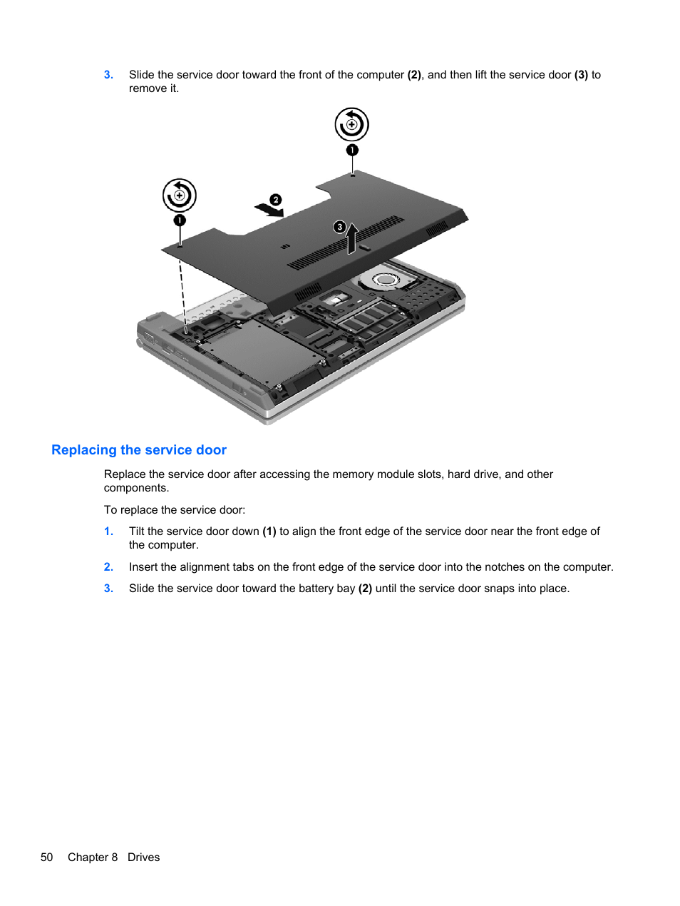 Replacing the service door | HP EliteBook 2170p Notebook PC User Manual | Page 60 / 102