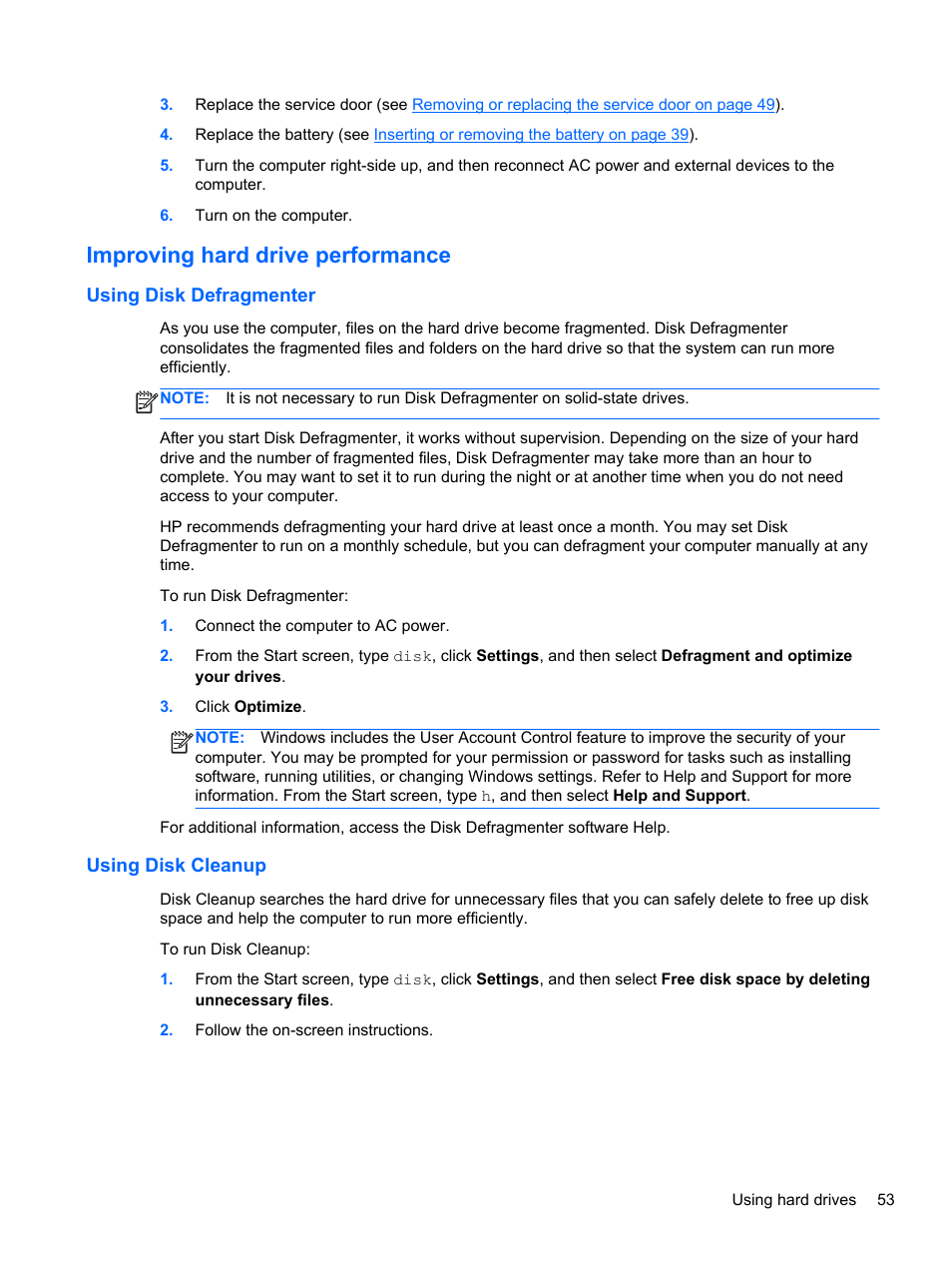 Improving hard drive performance, Using disk defragmenter, Using disk cleanup | Using disk defragmenter using disk cleanup | HP EliteBook 2170p Notebook PC User Manual | Page 63 / 102