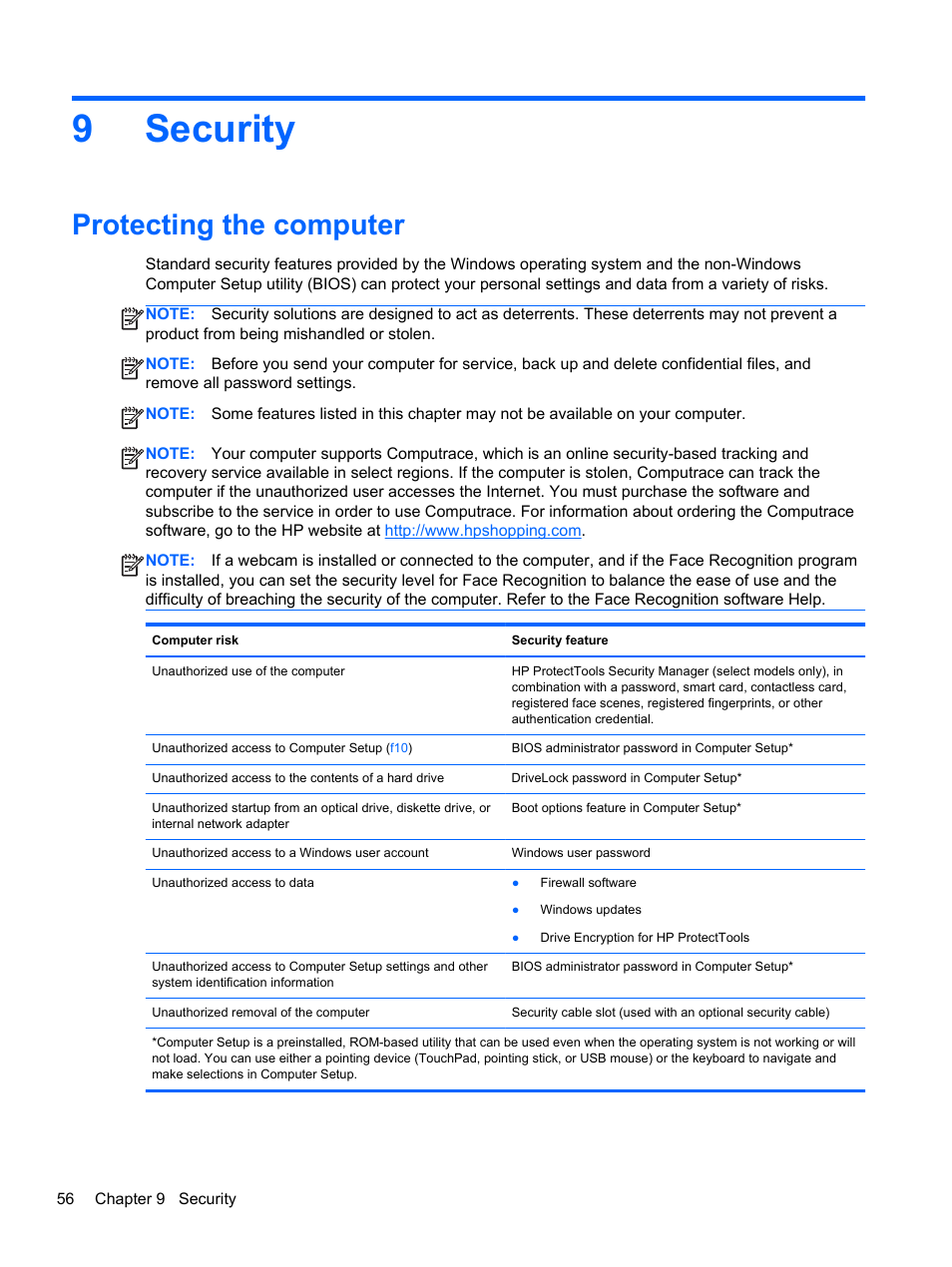 Security, Protecting the computer, 9 security | 9security | HP EliteBook 2170p Notebook PC User Manual | Page 66 / 102