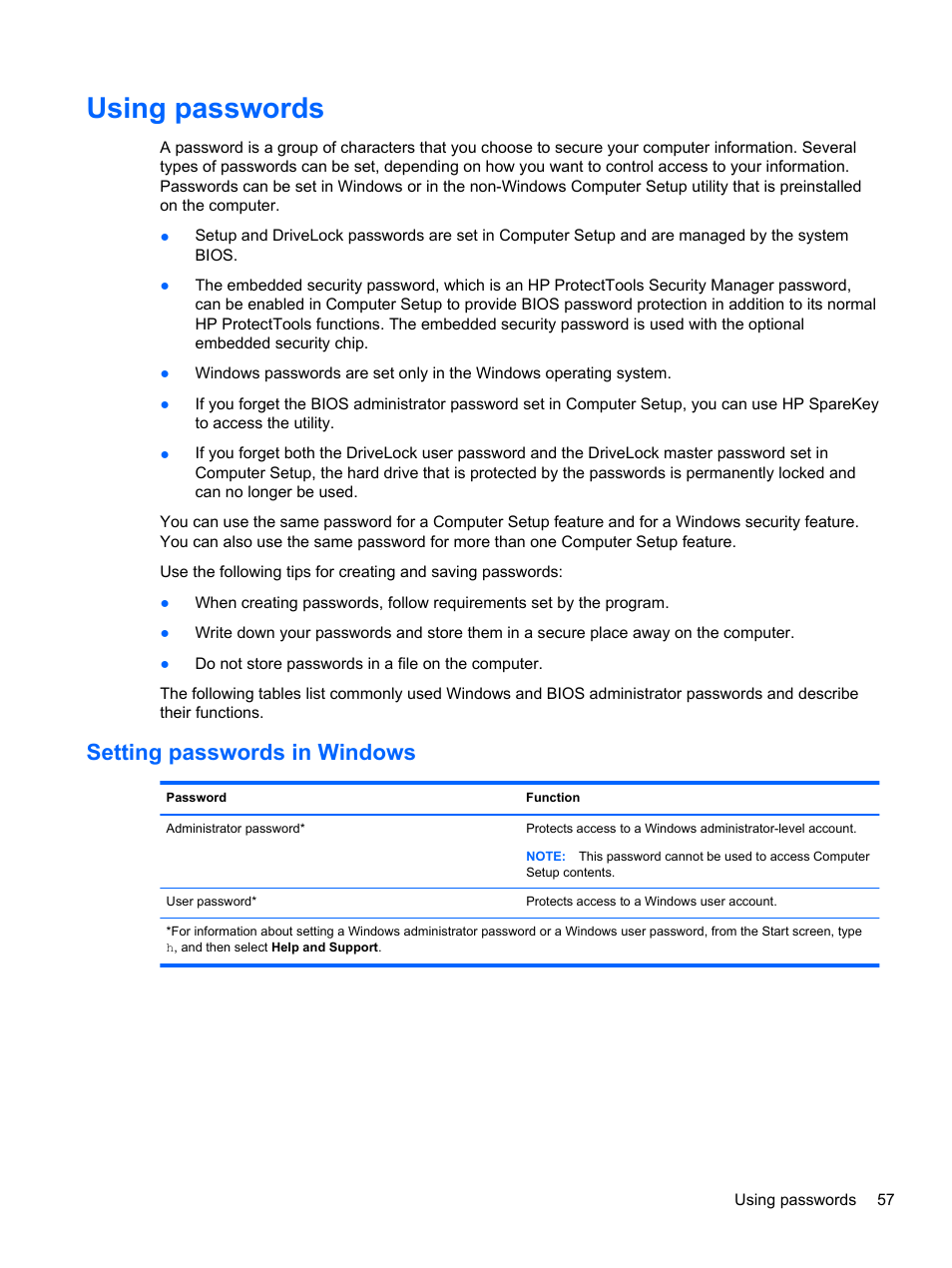 Using passwords, Setting passwords in windows | HP EliteBook 2170p Notebook PC User Manual | Page 67 / 102