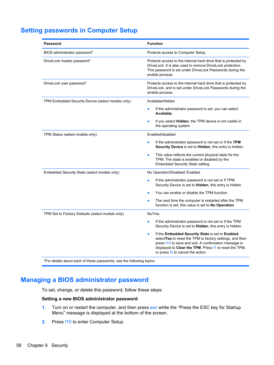 Setting passwords in computer setup, Managing a bios administrator password | HP EliteBook 2170p Notebook PC User Manual | Page 68 / 102