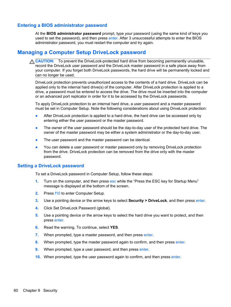 Entering a bios administrator password, Managing a computer setup drivelock password, Setting a drivelock password | HP EliteBook 2170p Notebook PC User Manual | Page 70 / 102