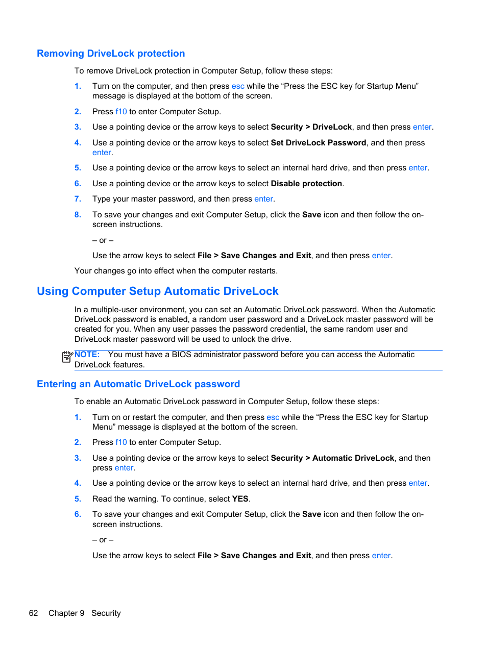 Removing drivelock protection, Using computer setup automatic drivelock, Entering an automatic drivelock password | HP EliteBook 2170p Notebook PC User Manual | Page 72 / 102