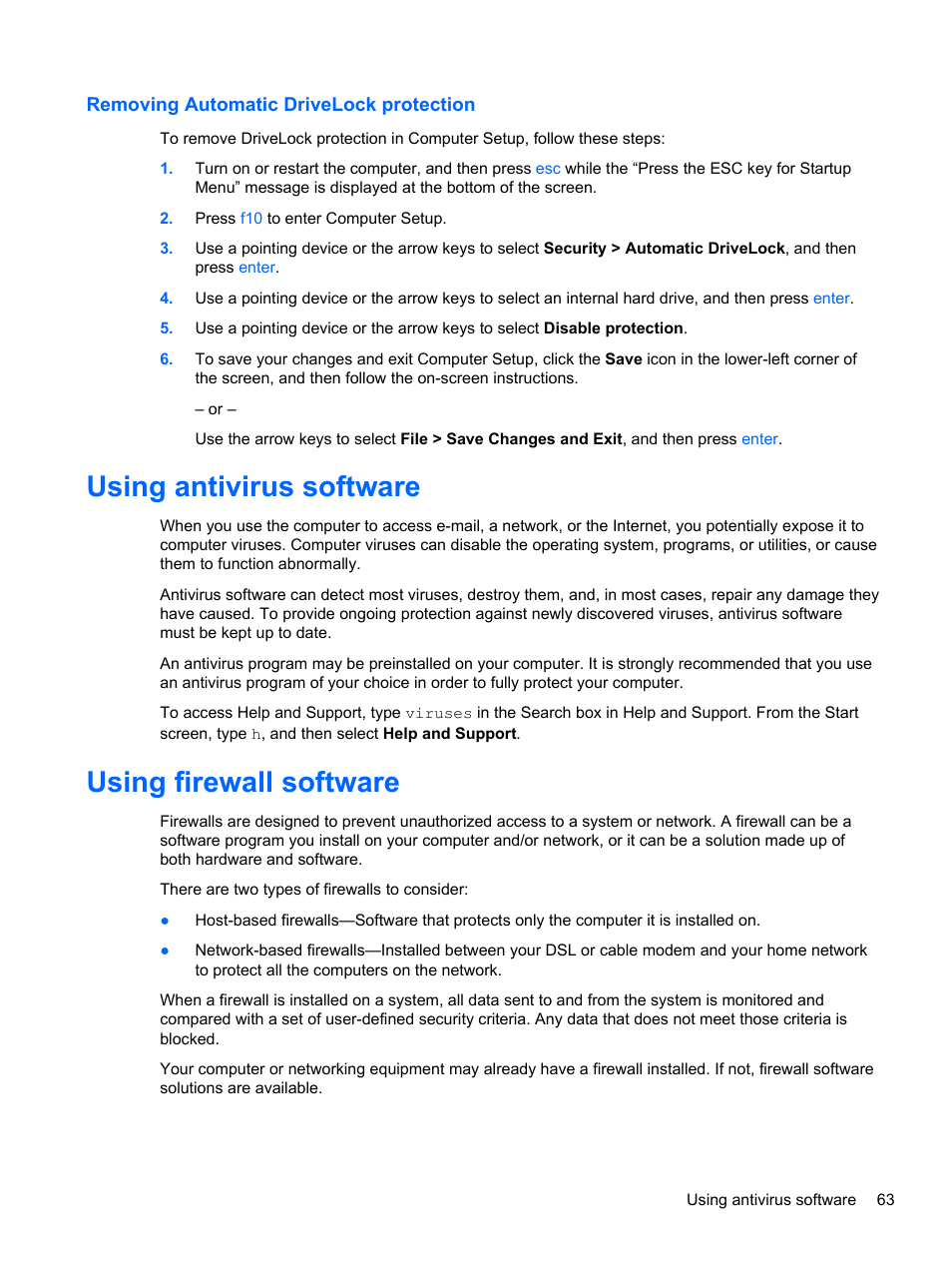 Removing automatic drivelock protection, Using antivirus software, Using firewall software | Using antivirus software using firewall software | HP EliteBook 2170p Notebook PC User Manual | Page 73 / 102