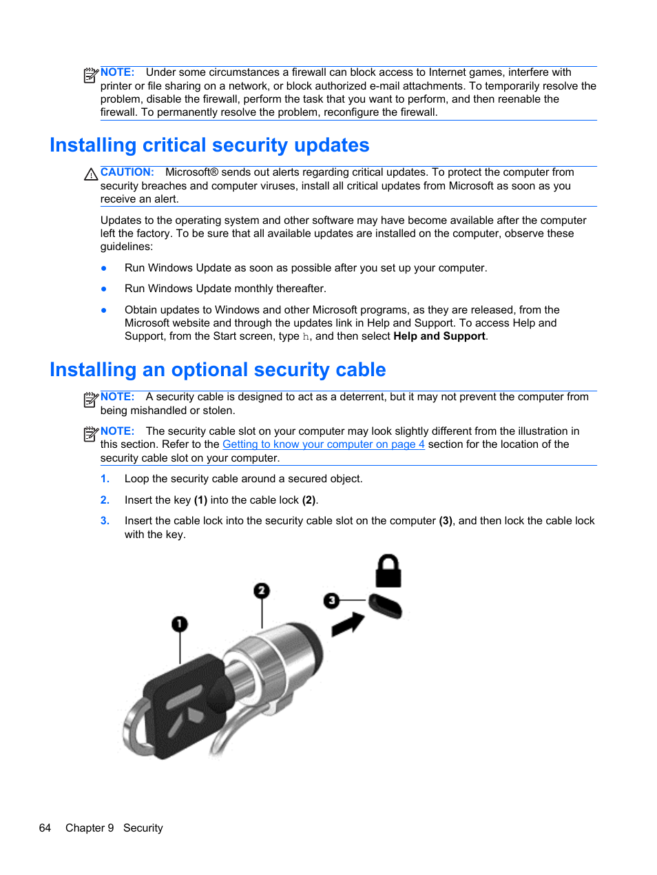 Installing critical security updates, Installing an optional security cable | HP EliteBook 2170p Notebook PC User Manual | Page 74 / 102