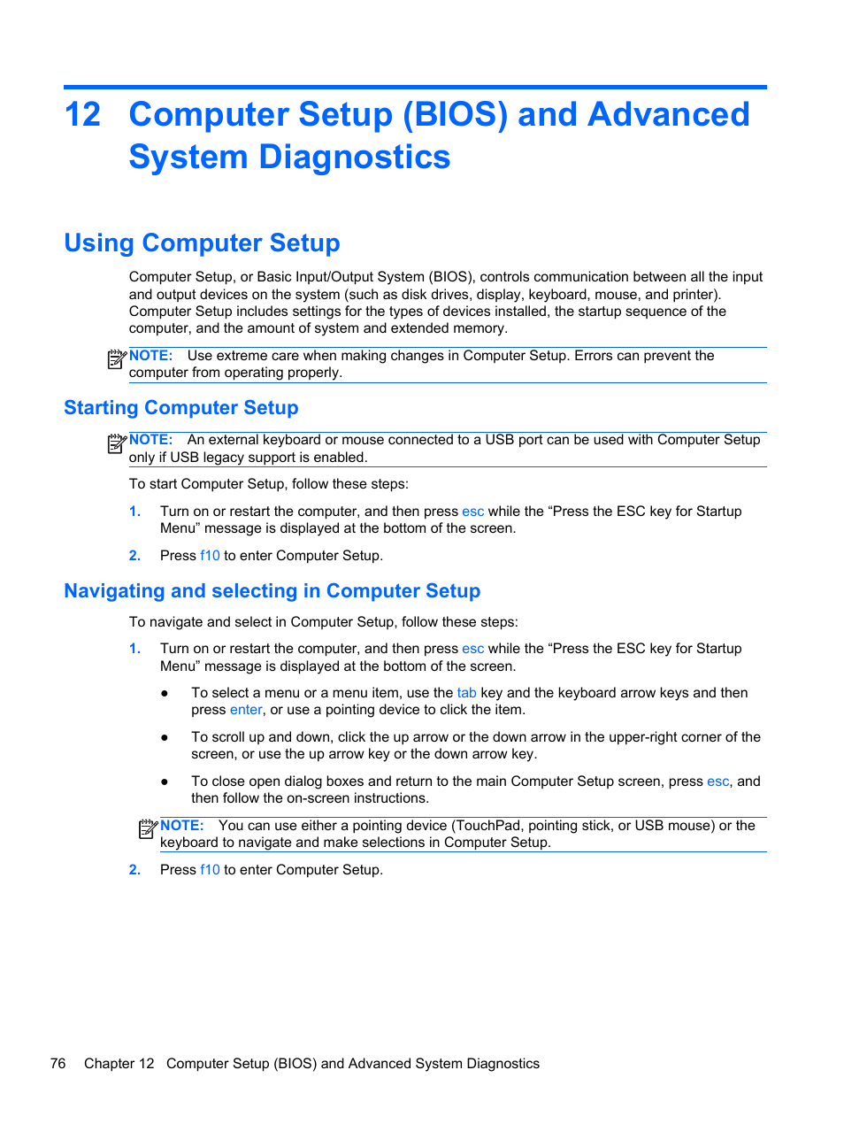 Using computer setup, Starting computer setup, Navigating and selecting in computer setup | HP EliteBook 2170p Notebook PC User Manual | Page 86 / 102