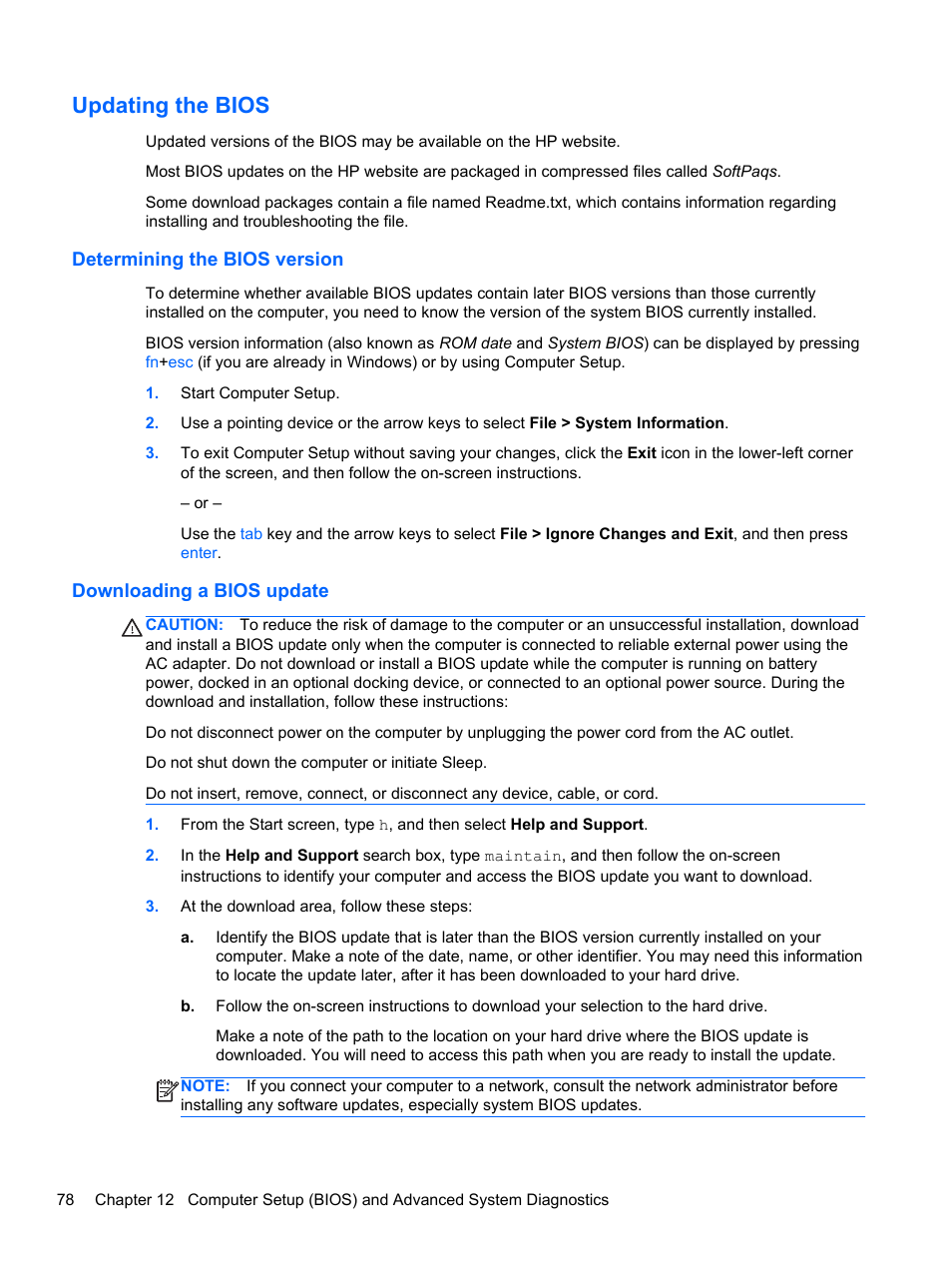 Updating the bios, Determining the bios version, Downloading a bios update | HP EliteBook 2170p Notebook PC User Manual | Page 88 / 102