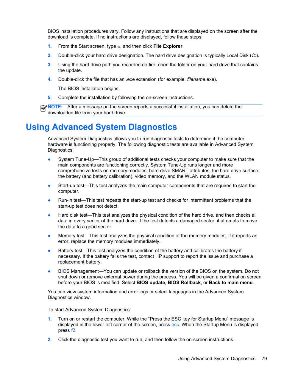 Using advanced system diagnostics | HP EliteBook 2170p Notebook PC User Manual | Page 89 / 102