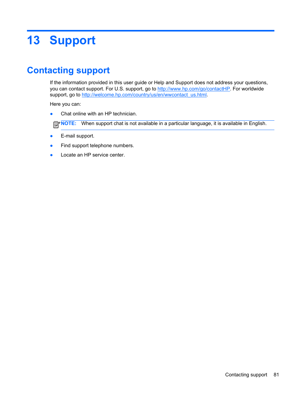 Support, Contacting support, 13 support | HP EliteBook 2170p Notebook PC User Manual | Page 91 / 102