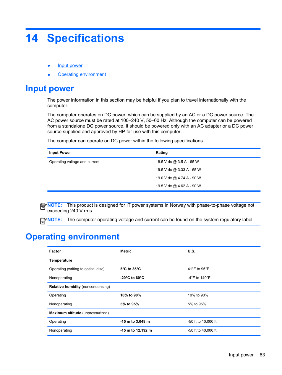 Specifications, Input power, Operating environment | 14 specifications, Input power operating environment | HP EliteBook 2170p Notebook PC User Manual | Page 93 / 102