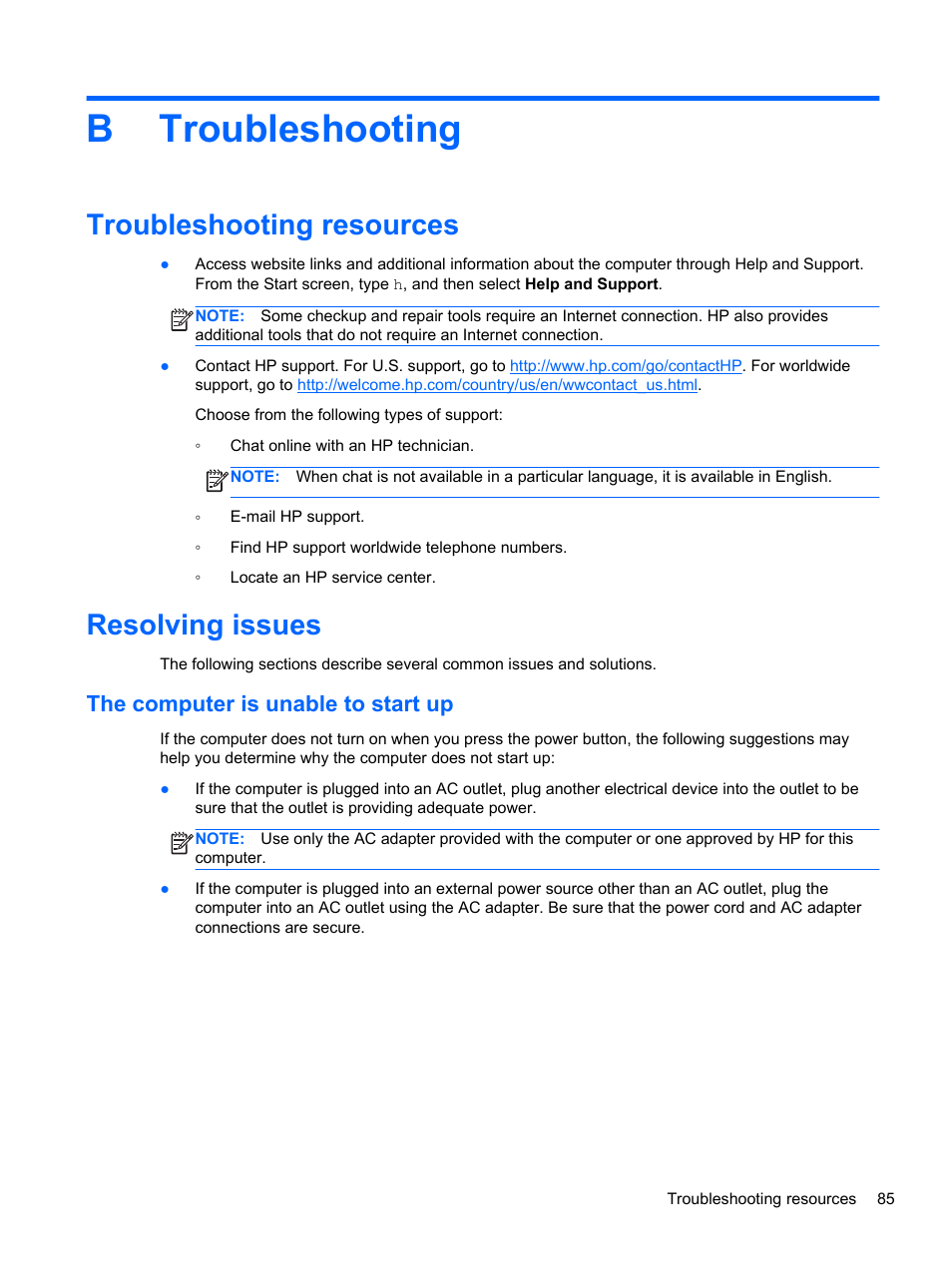 Troubleshooting, Troubleshooting resources, Resolving issues | The computer is unable to start up, Appendix b troubleshooting, Troubleshooting resources resolving issues, Btroubleshooting | HP EliteBook 2170p Notebook PC User Manual | Page 95 / 102