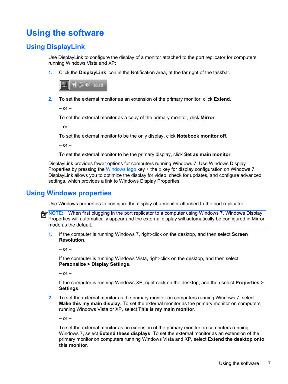 Using the software, Using displaylink, Using windows properties | Using displaylink using windows properties | HP USB 3.0 3005pr Port Replicator User Manual | Page 11 / 25