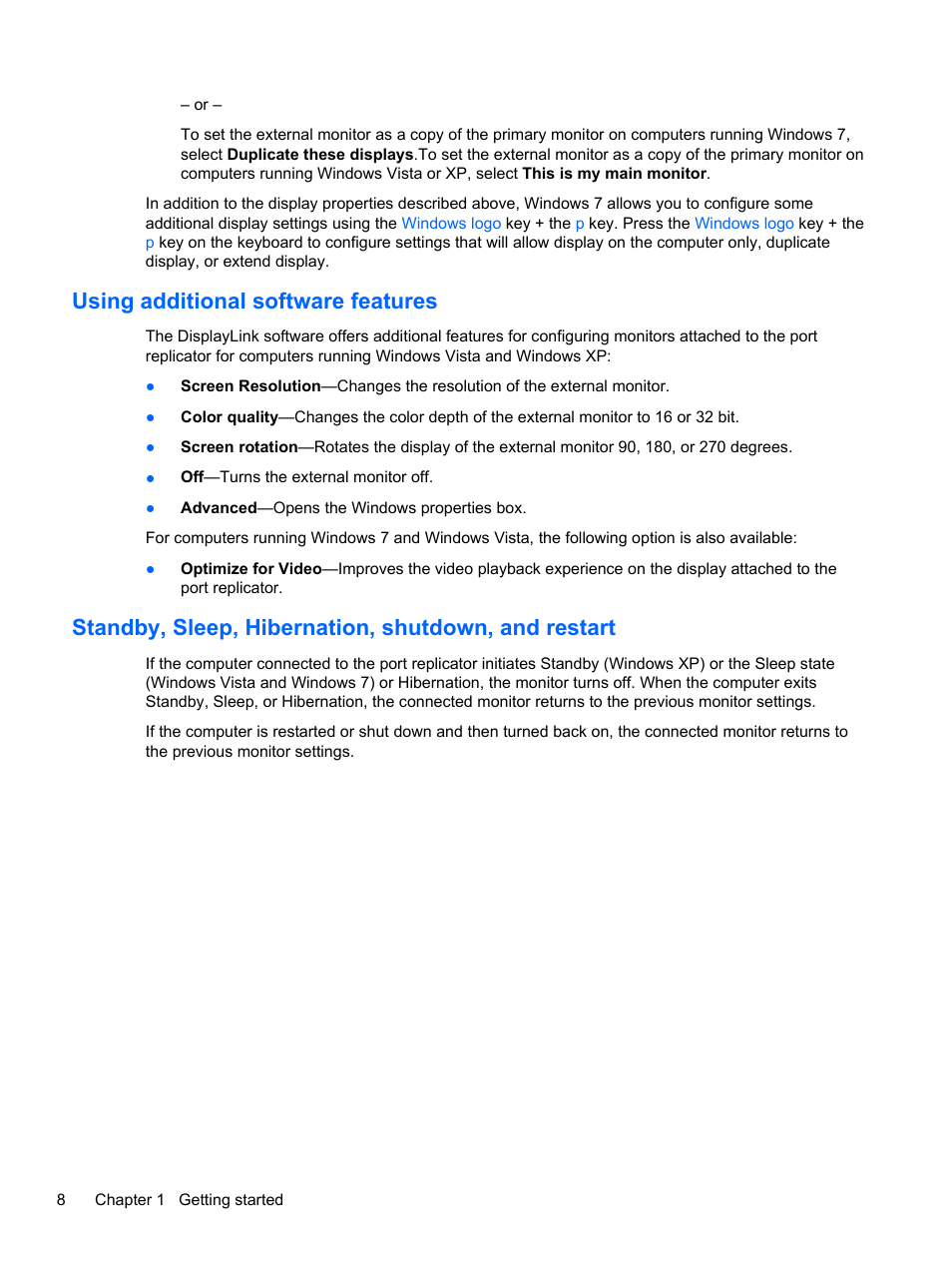 Using additional software features, Standby, sleep, hibernation, shutdown, and restart | HP USB 3.0 3005pr Port Replicator User Manual | Page 12 / 25