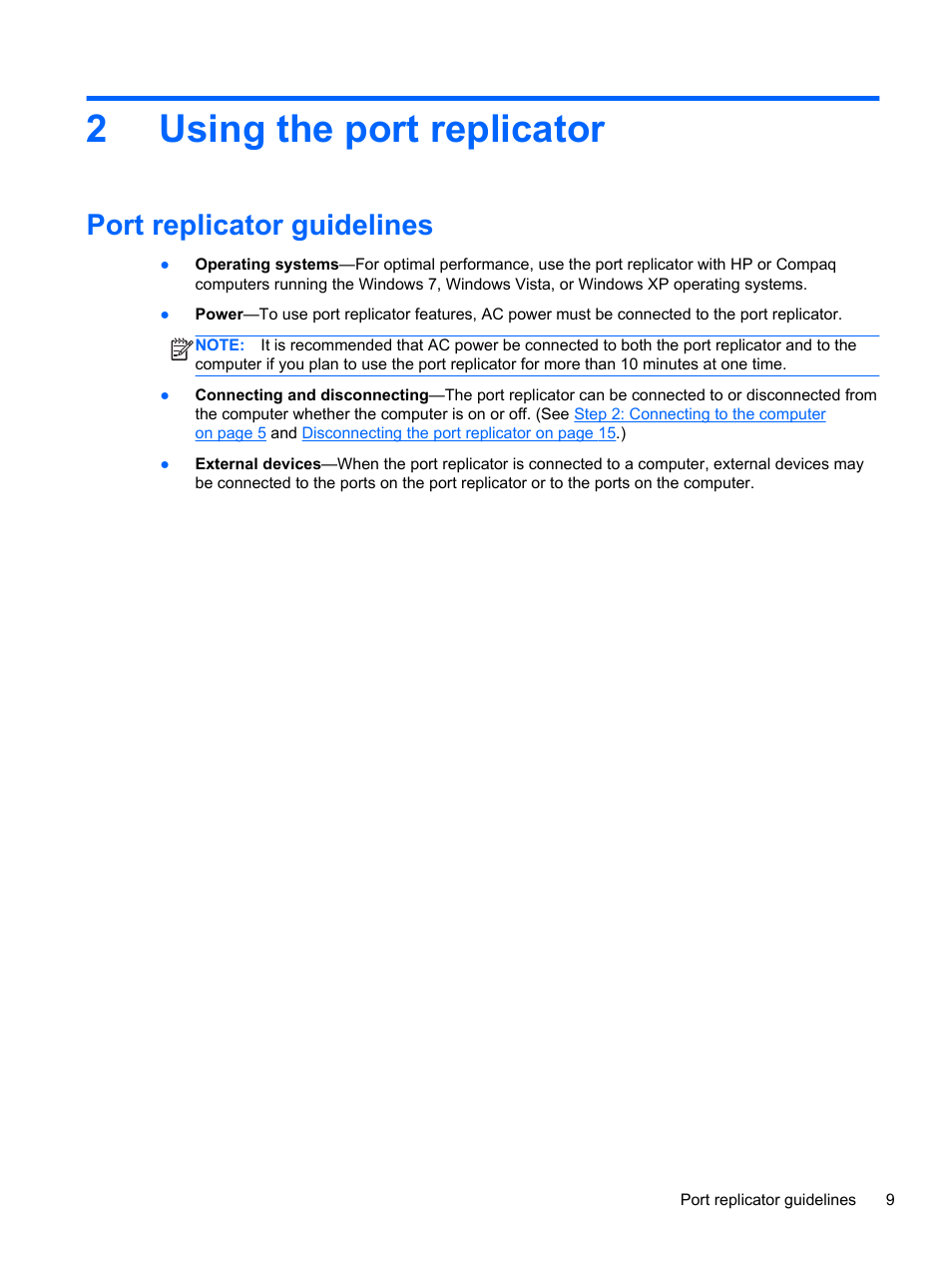 Using the port replicator, Port replicator guidelines, 2 using the port replicator | 2using the port replicator | HP USB 3.0 3005pr Port Replicator User Manual | Page 13 / 25
