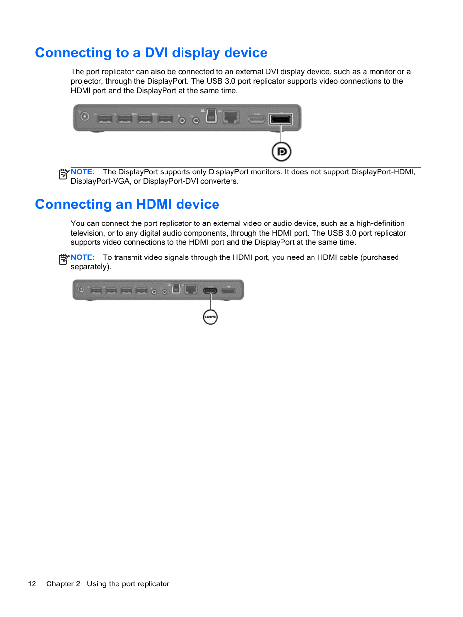 Connecting to a dvi display device, Connecting an hdmi device | HP USB 3.0 3005pr Port Replicator User Manual | Page 16 / 25