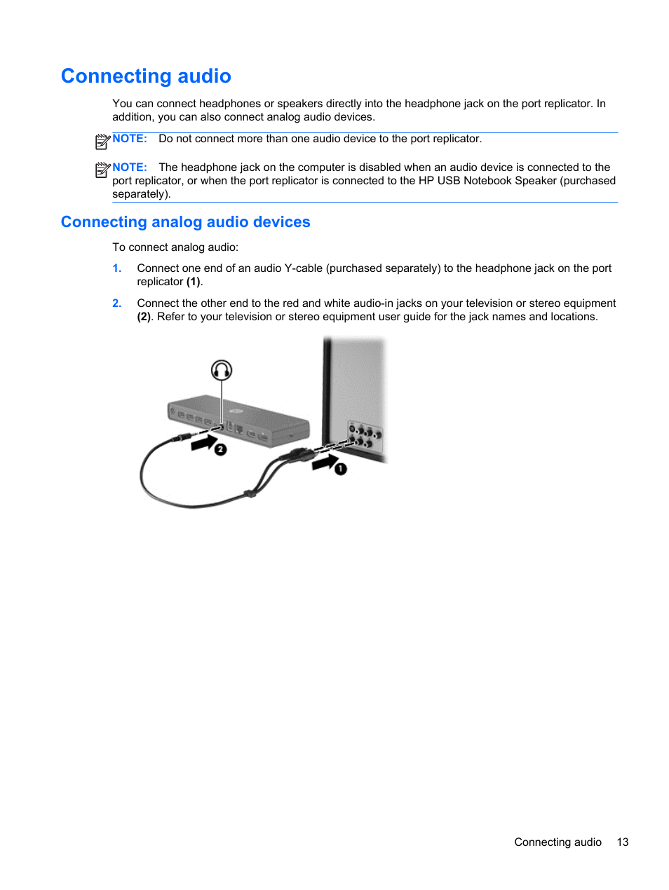 Connecting audio, Connecting analog audio devices | HP USB 3.0 3005pr Port Replicator User Manual | Page 17 / 25