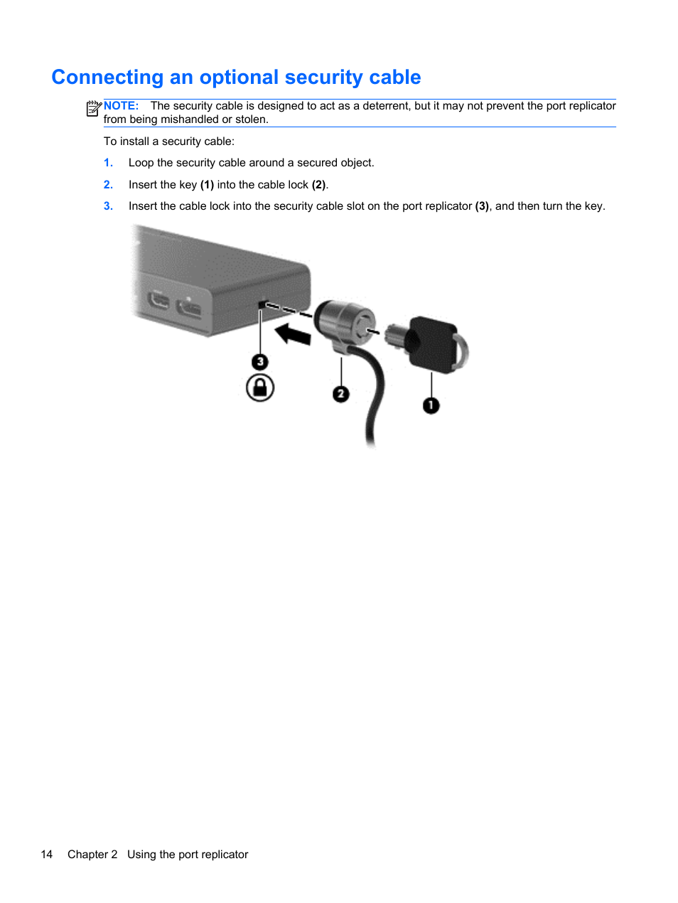 Connecting an optional security cable | HP USB 3.0 3005pr Port Replicator User Manual | Page 18 / 25