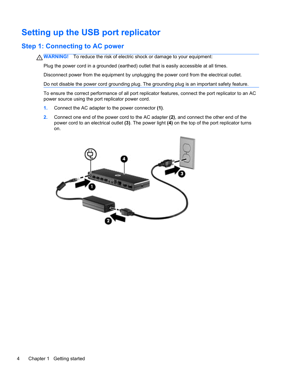 Setting up the usb port replicator, Step 1: connecting to ac power | HP USB 3.0 3005pr Port Replicator User Manual | Page 8 / 25