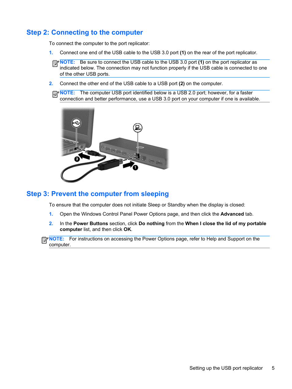 Step 2: connecting to the computer, Step 3: prevent the computer from sleeping | HP USB 3.0 3005pr Port Replicator User Manual | Page 9 / 25