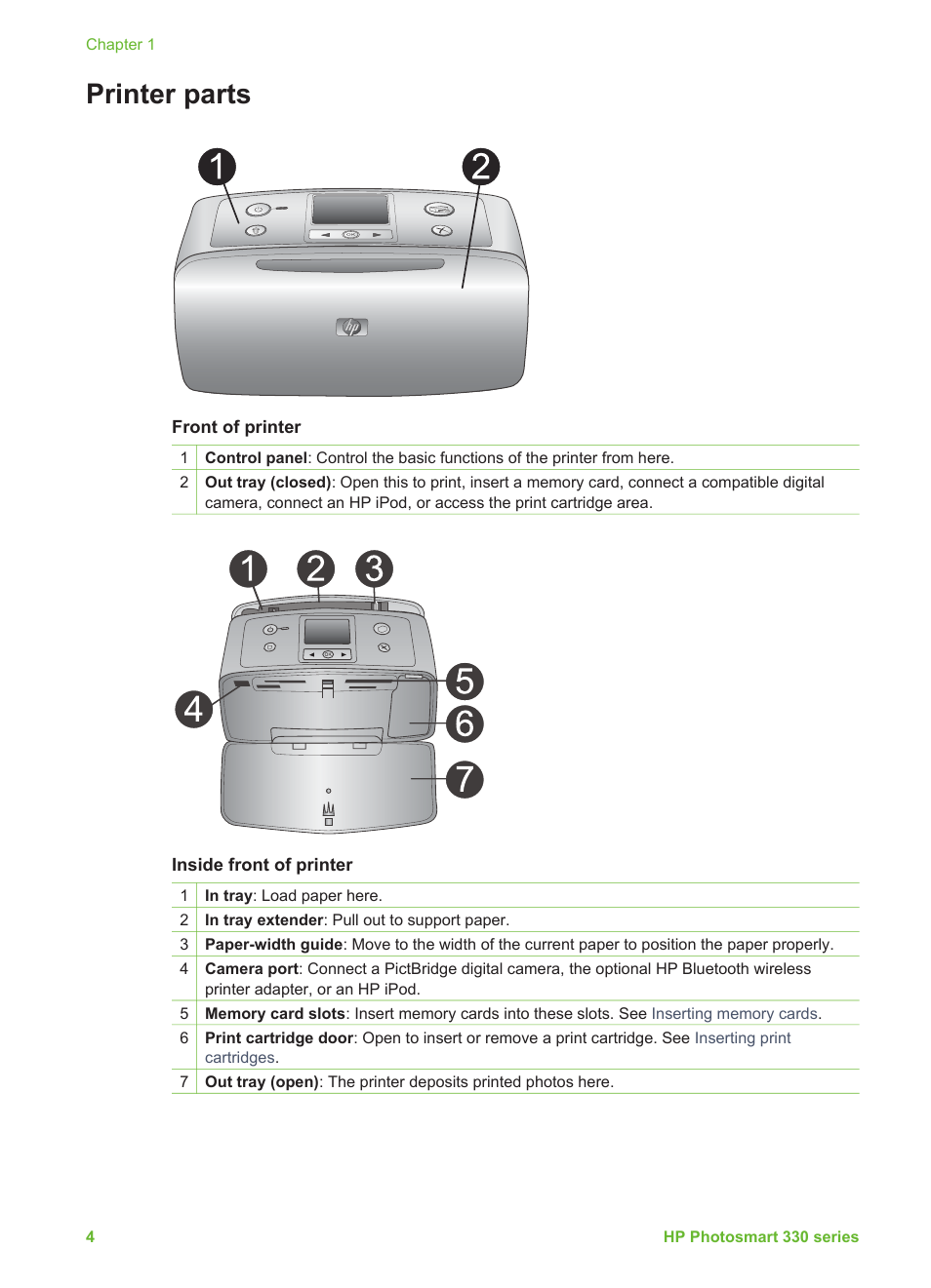 Printer parts | HP Photosmart 335 Compact Photo Printer User Manual | Page 10 / 69